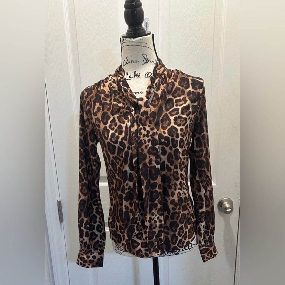 Express Leopard Print Tie-Neck Blouse - Brown Black